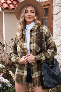 Plaid Collared Neck Button Up Jacket with Pockets Trendsi