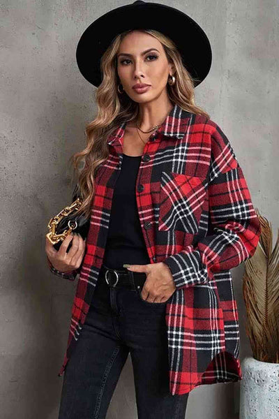 Plaid Collared Neck Button Up Jacket with Pockets Trendsi