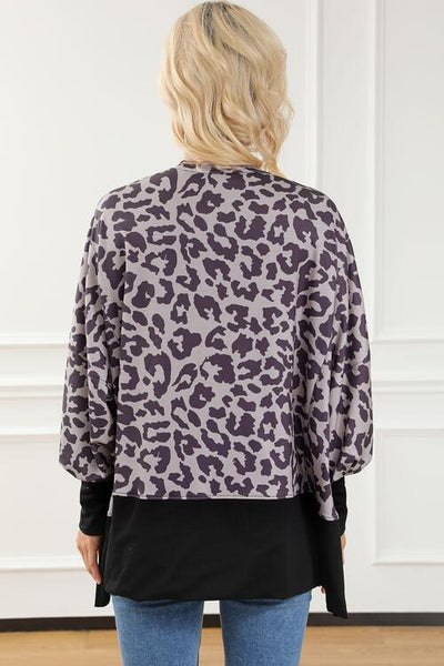 Leopard Round Neck Lantern Sleeve Slit Sweatshirt Trendsi