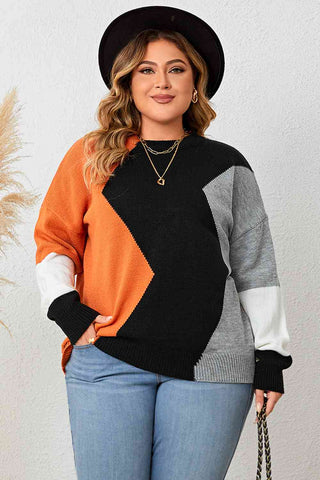 Plus Size Color Block Round Neck Knit Top Trendsi