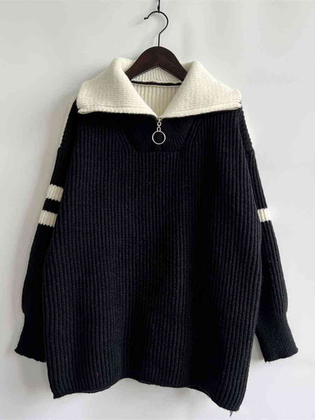 Ribbed Two-Tone Half Zip Sweater Trendsi