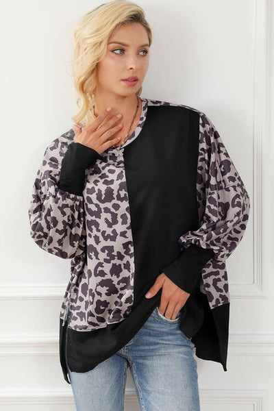 Leopard Round Neck Lantern Sleeve Slit Sweatshirt Trendsi