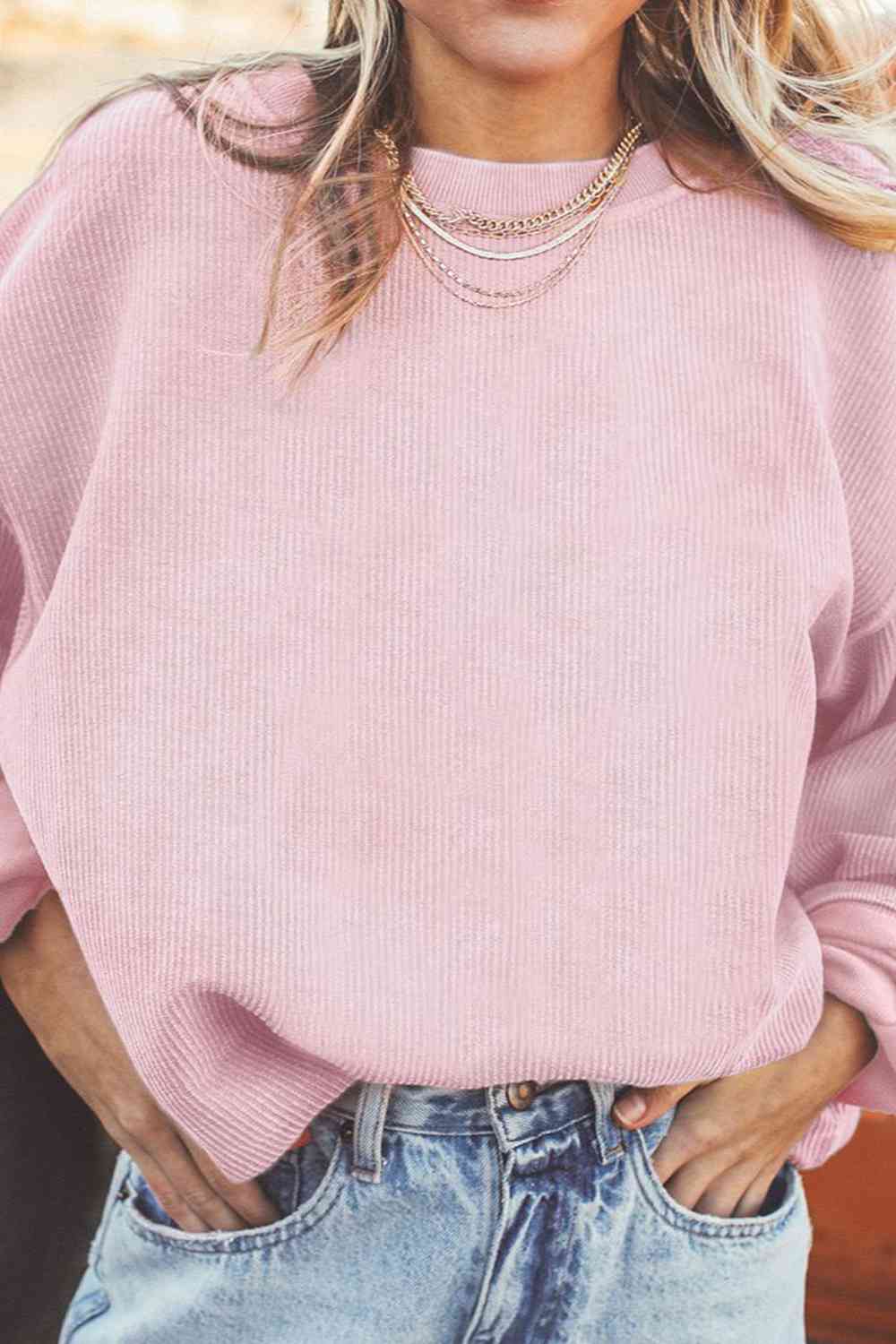 Ribbed Round Neck Drop Shoulder Sweatshirt Trendsi