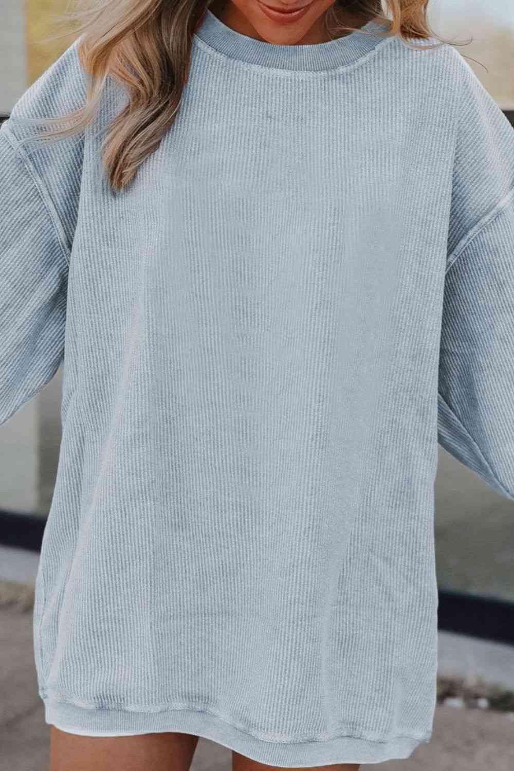 Ribbed Round Neck Drop Shoulder Sweatshirt Trendsi