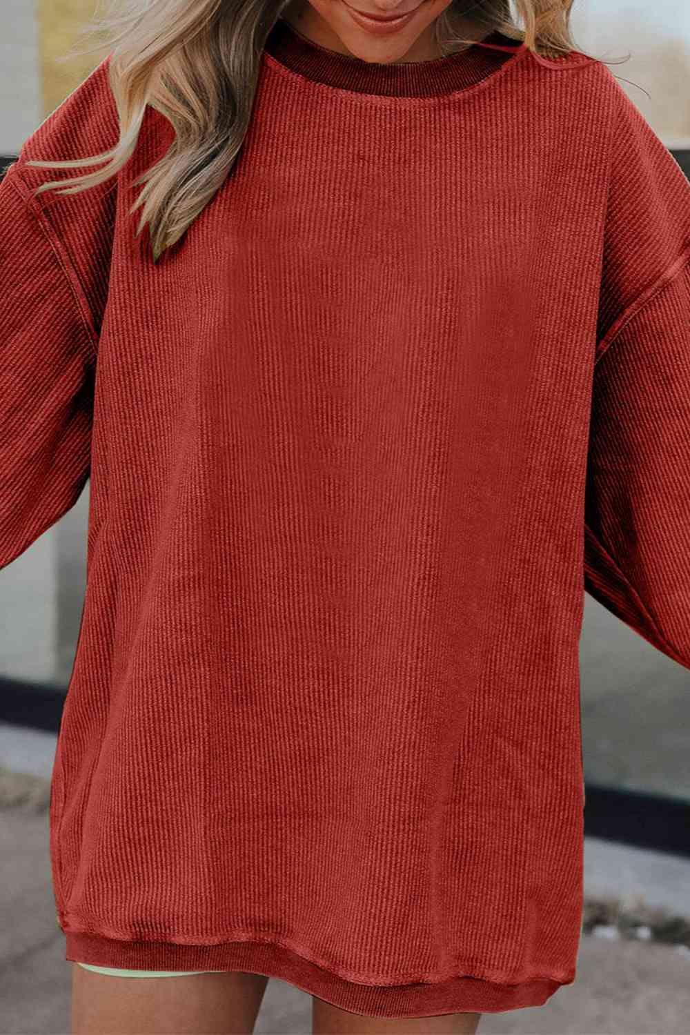 Ribbed Round Neck Drop Shoulder Sweatshirt Trendsi