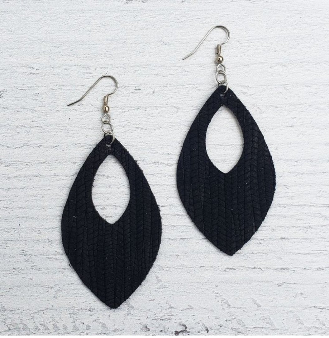 Black Palm Leather Open Teardrop Earrings Phoenix Shop LLC