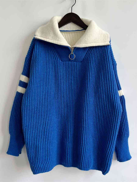 Ribbed Two-Tone Half Zip Sweater Trendsi