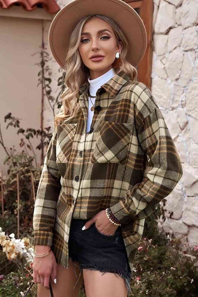 Plaid Collared Neck Button Up Jacket with Pockets Trendsi