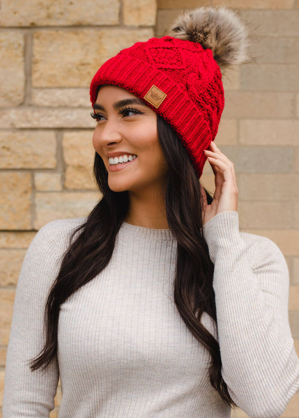 Red Cable Knit Pom Hat Panache Apparel Co.