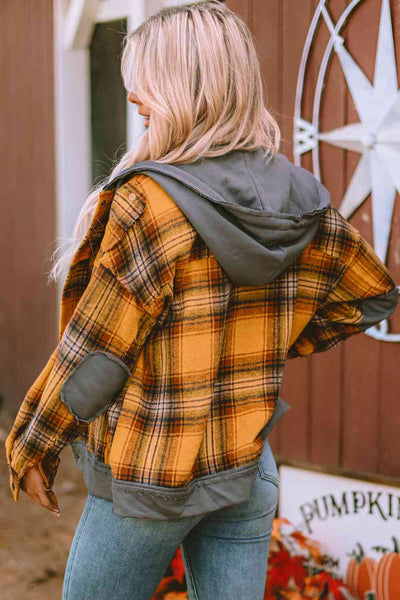 Plaid Hooded Button Front Jacket Trendsi