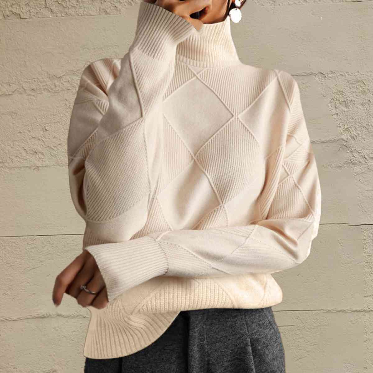 Geometric Turtleneck Long Sleeve Sweater Trendsi