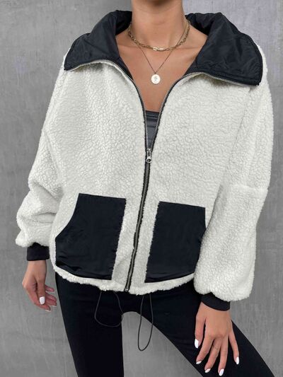 Contrast Drawstring Collared Neck Jacket Trendsi