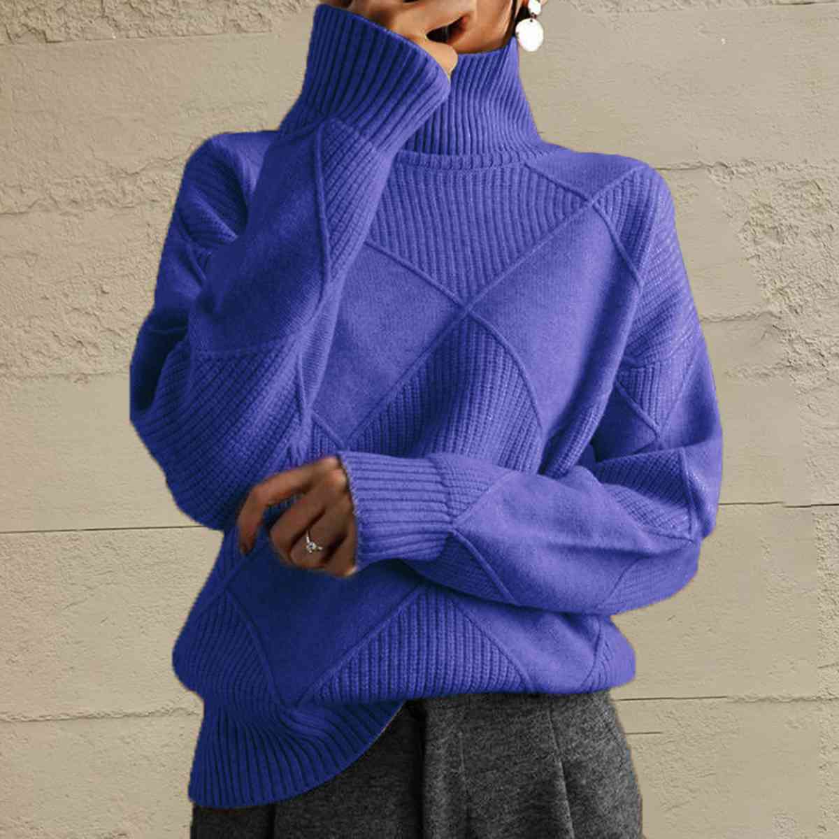 Geometric Turtleneck Long Sleeve Sweater Trendsi