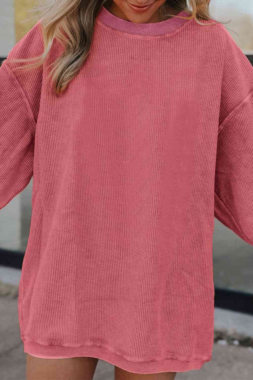 Ribbed Round Neck Drop Shoulder Sweatshirt Trendsi