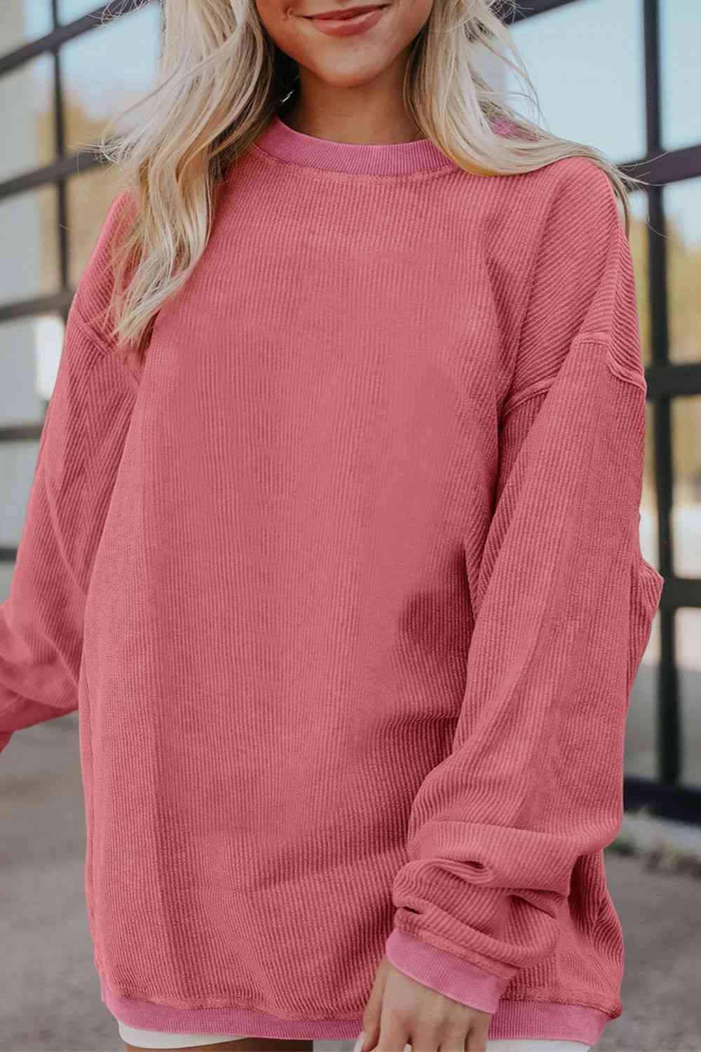 Ribbed Round Neck Drop Shoulder Sweatshirt Trendsi