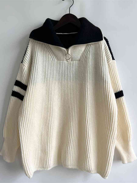 Ribbed Two-Tone Half Zip Sweater Trendsi