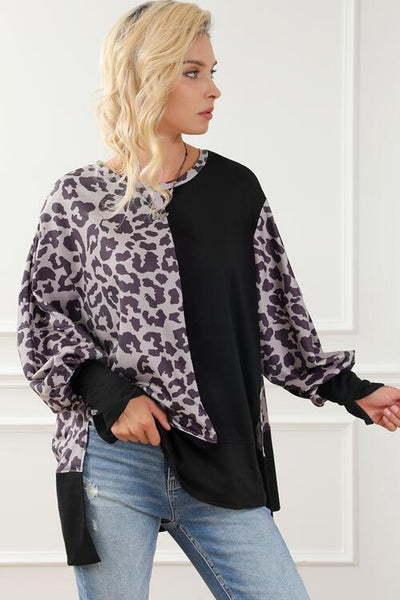 Leopard Round Neck Lantern Sleeve Slit Sweatshirt Trendsi