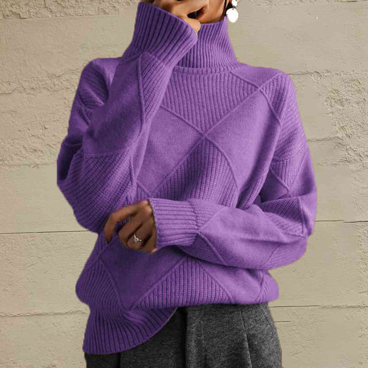 Geometric Turtleneck Long Sleeve Sweater Trendsi