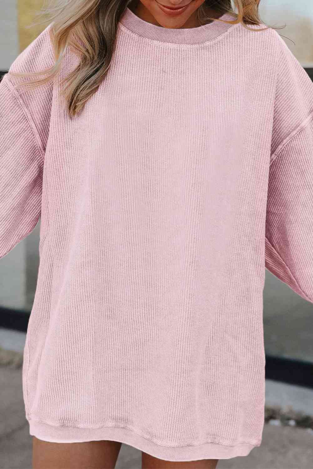 Ribbed Round Neck Drop Shoulder Sweatshirt Trendsi