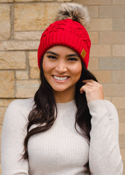 Red Cable Knit Pom Hat Panache Apparel Co.