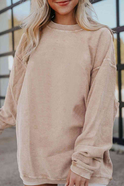 Ribbed Round Neck Drop Shoulder Sweatshirt Trendsi