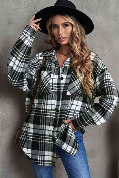 Plaid Collared Neck Button Up Jacket with Pockets Trendsi