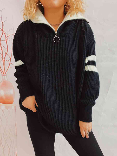 Ribbed Two-Tone Half Zip Sweater Trendsi