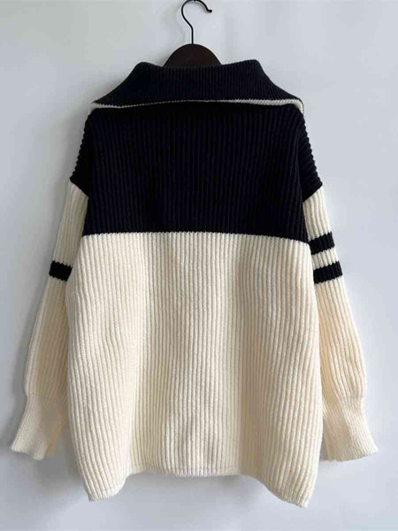 Ribbed Two-Tone Half Zip Sweater Trendsi