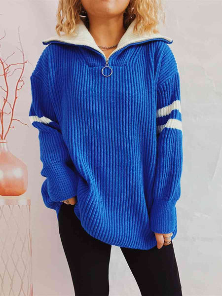 Ribbed Two-Tone Half Zip Sweater Trendsi