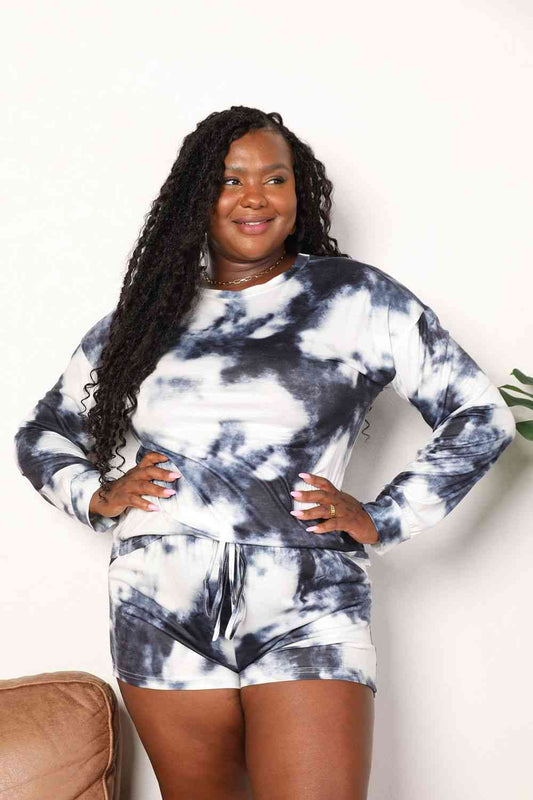 Double Take Tie-Dye Round Neck Top and Shorts Lounge Set Trendsi