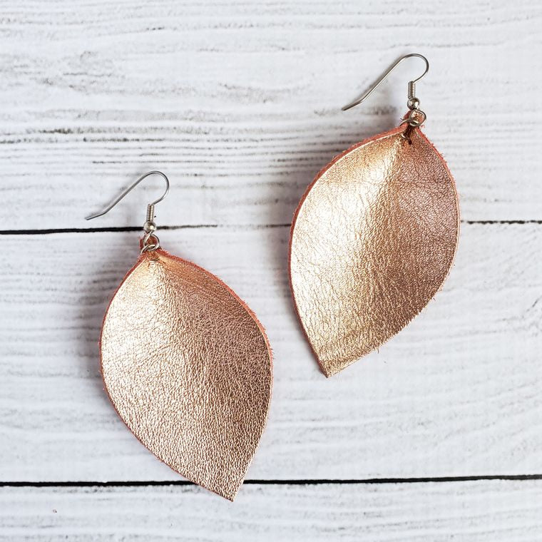 Metallic Rose Gold Pinched Leather Earrings The Purple Chicakdee